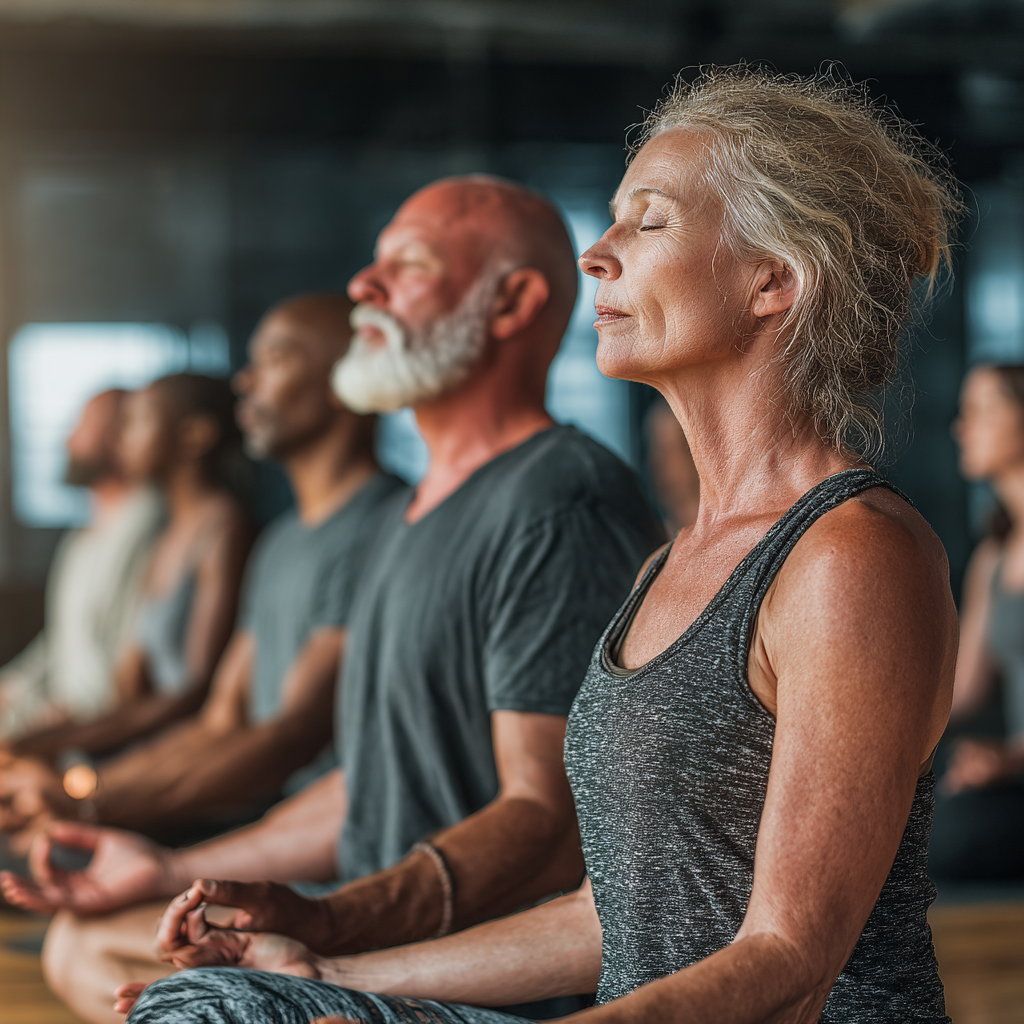 Peaceful group of mature adults in their 40s and 50s sitting in meditation pose during yoga class, showing diversity and serenity in indoor yoga studio environment