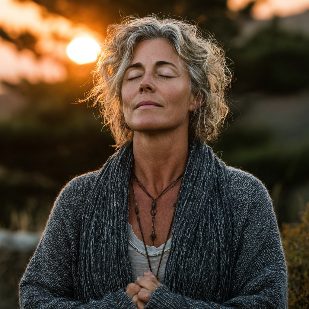 Peaceful middle-aged woman in her late 40s practicing yoga meditation pose outdoors in natural setting, embodying tranquility and mindfulness