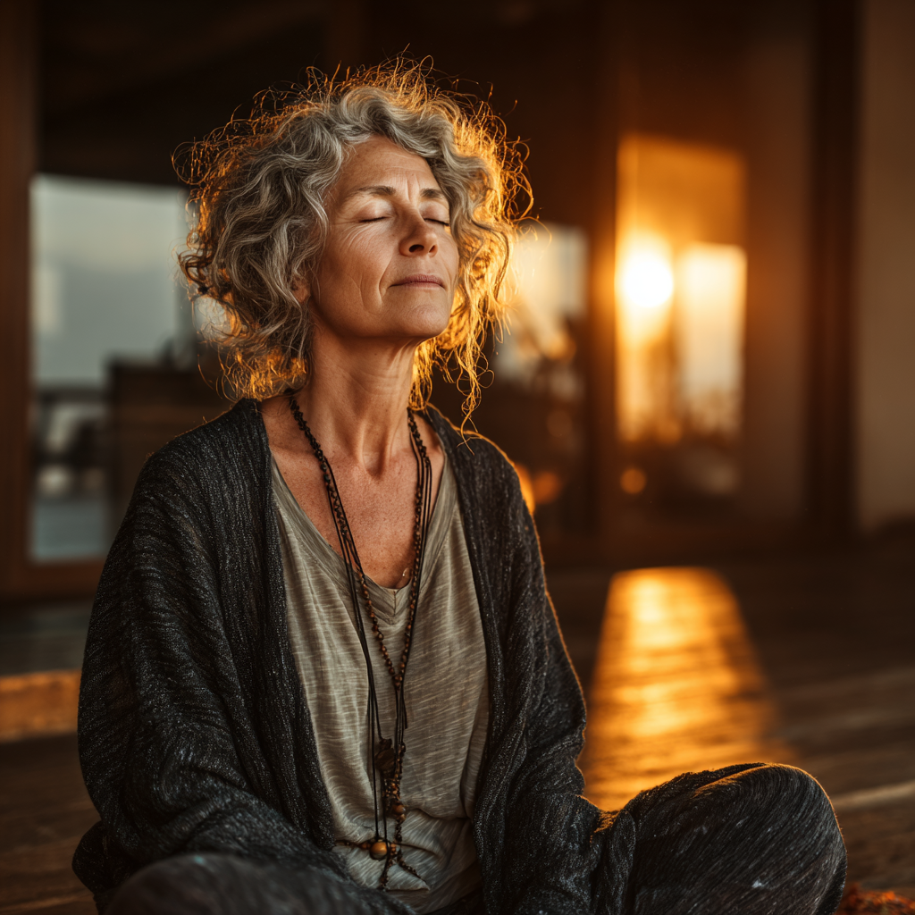 Serene mature woman around 50 years old practicing yoga meditation in lotus position, wearing comfortable clothing in peaceful indoor setting with natural lighting